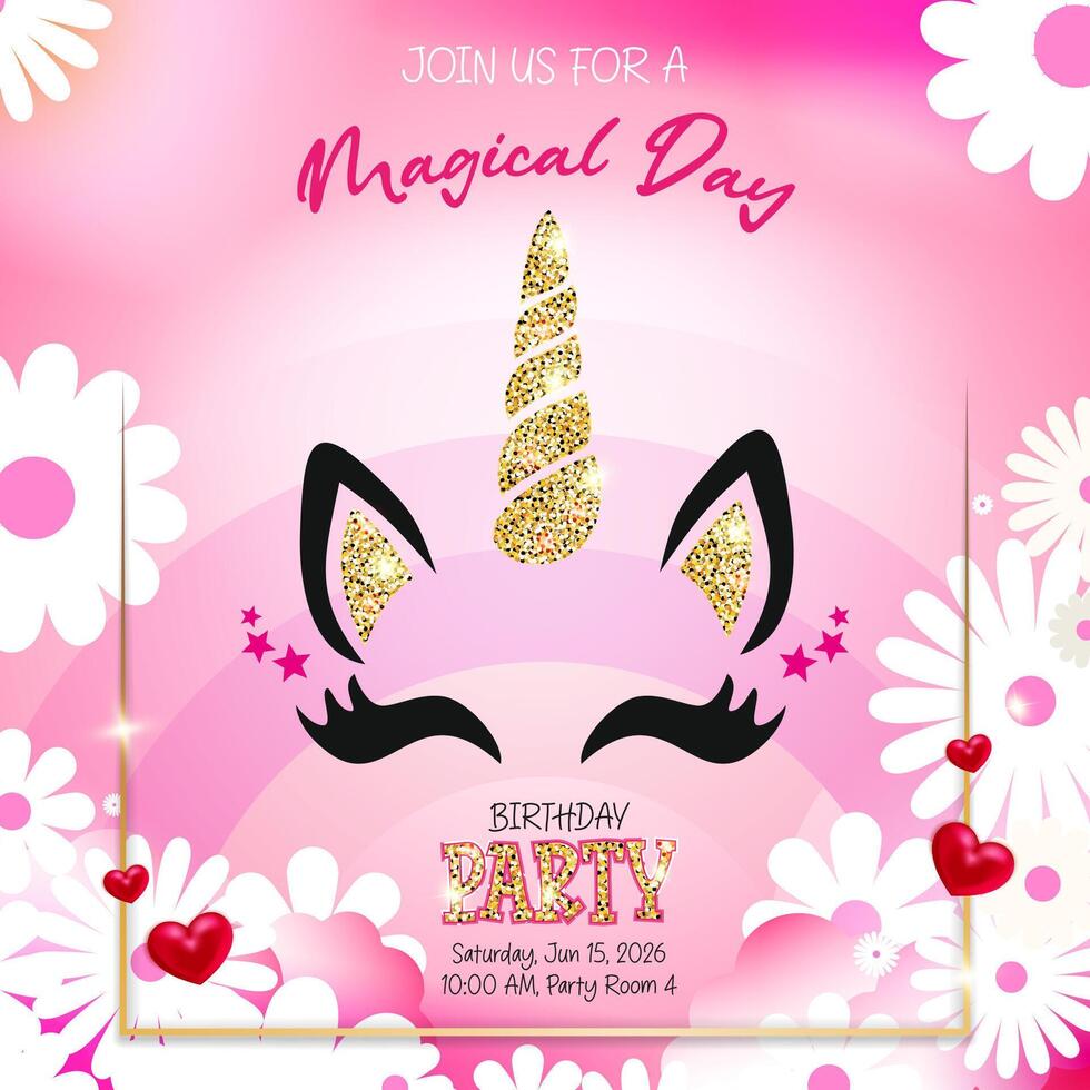 Birthday party invitation featuring a unicorn theme with a glittery gold horn vector