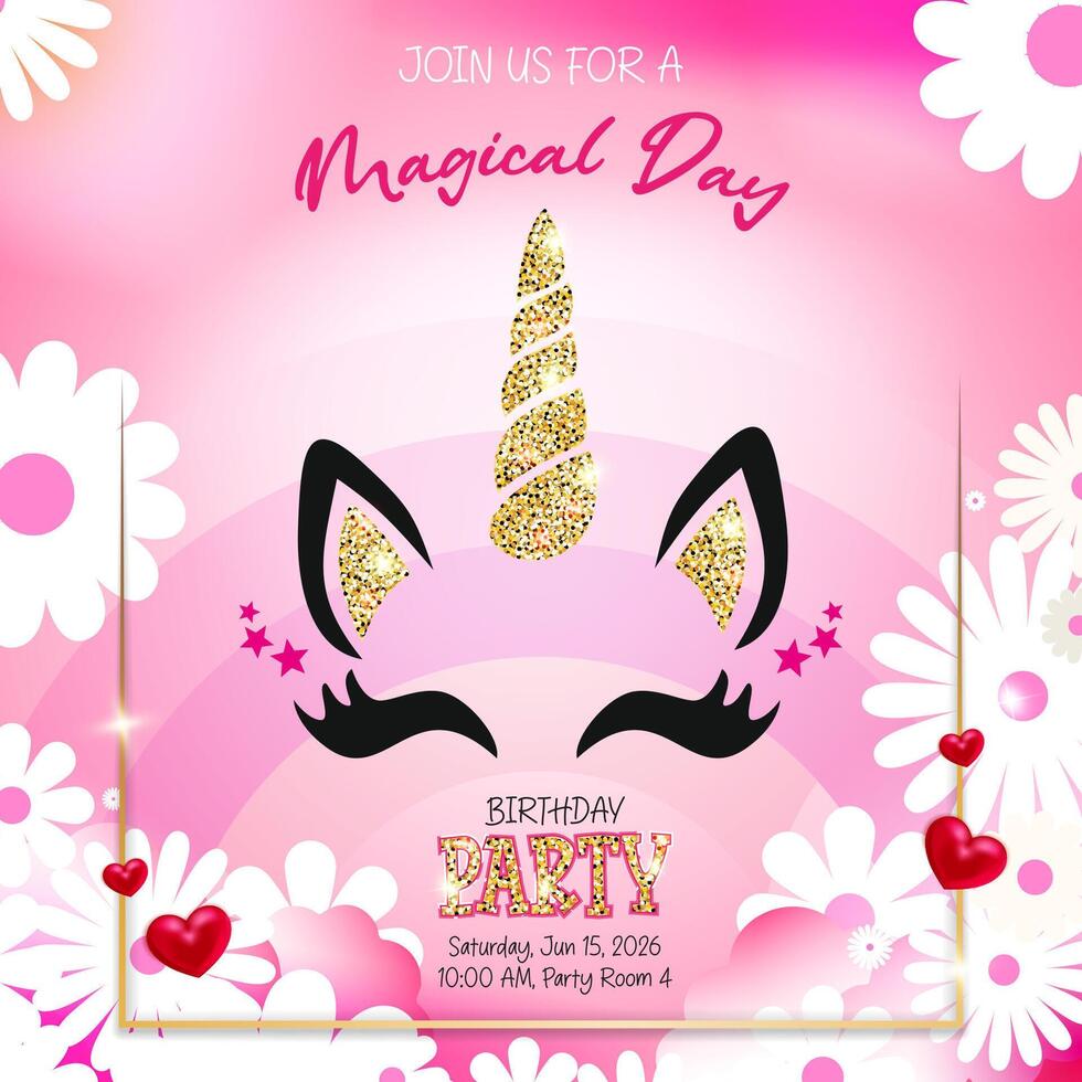Invitation with a unicorn face design, featuring a glittery gold horn and ears vector