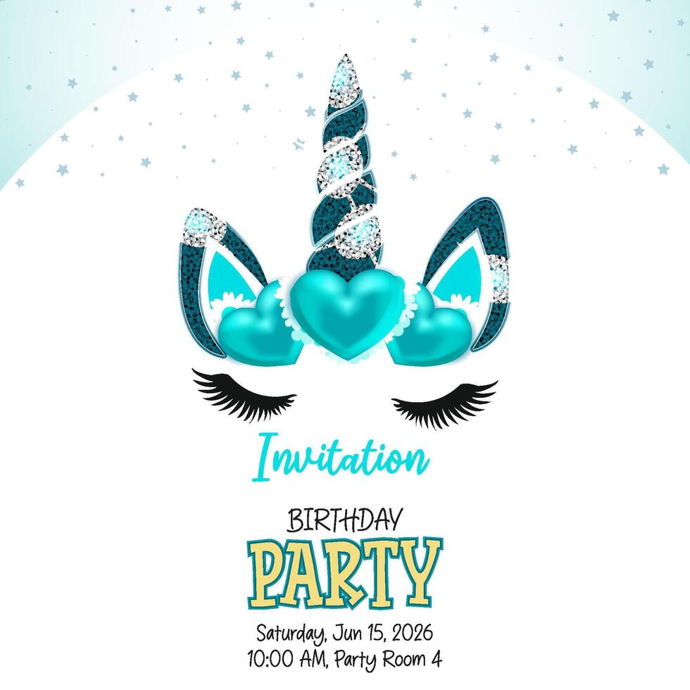 Birthday party invitation featuring a stylized unicorn theme vector