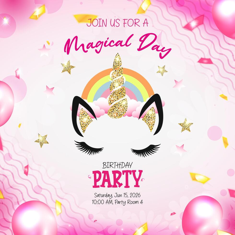 Pink birthday party invitation featuring a stylized unicorn design vector