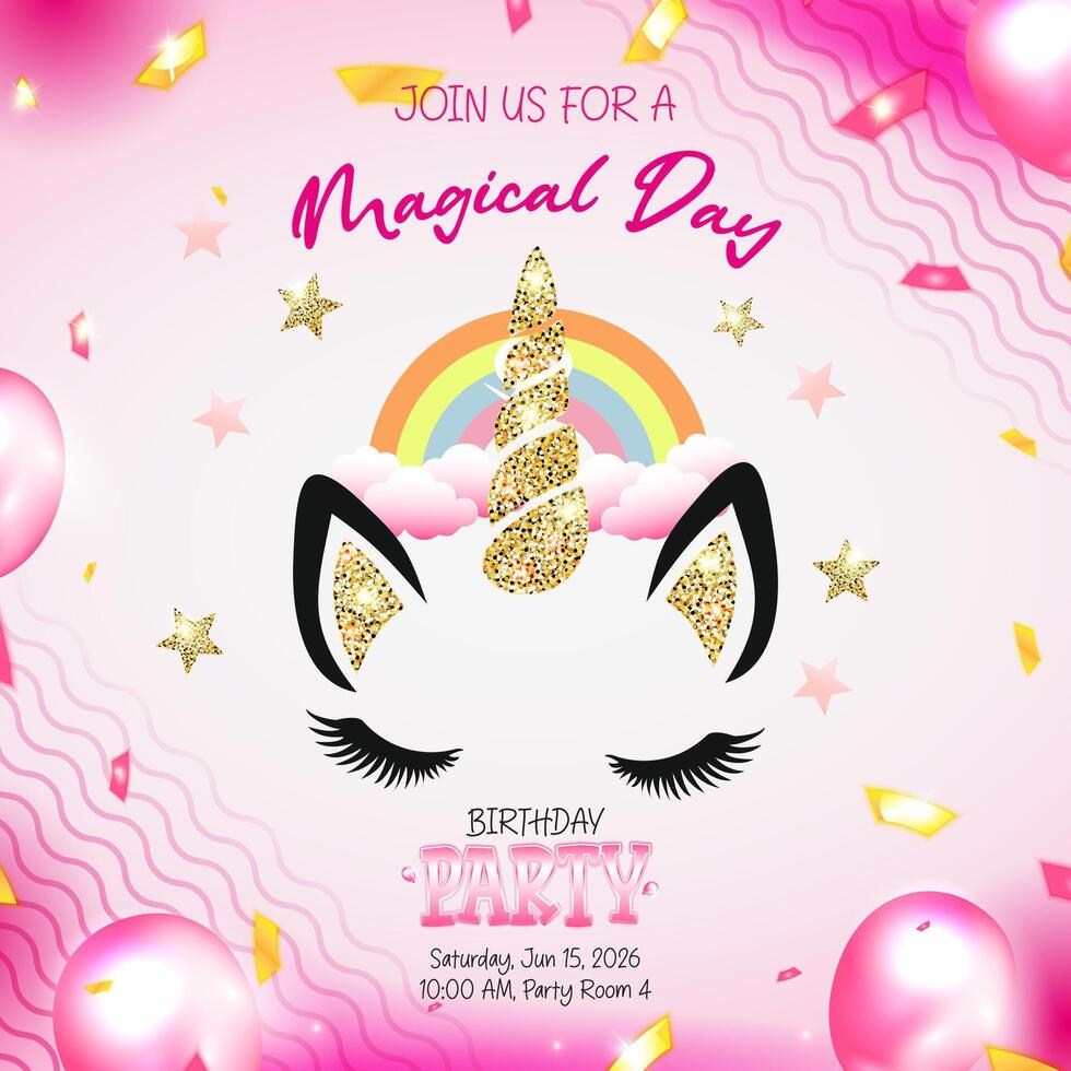 Colorful birthday party invitation featuring a unicorn theme vector