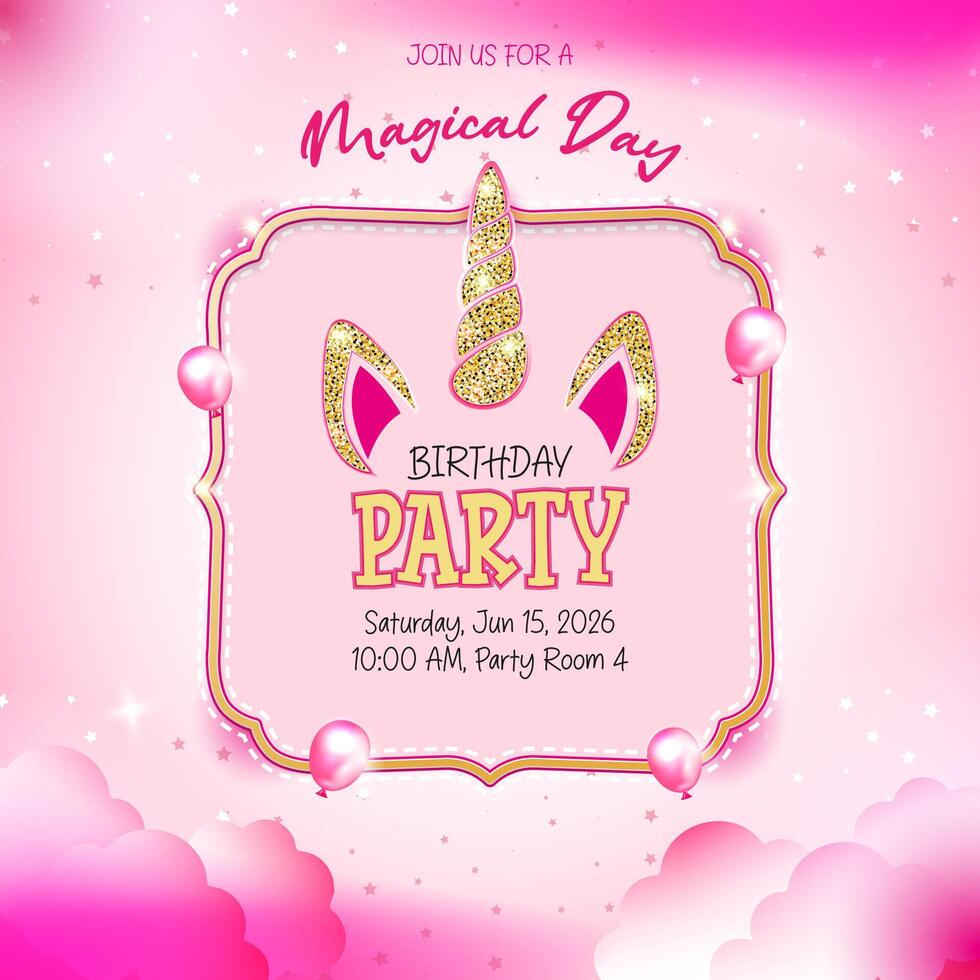 Pink and white birthday invitation featuring a unicorn theme vector