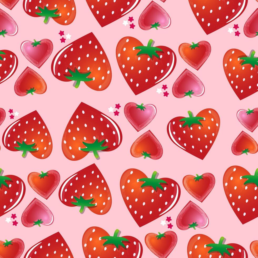 Heart-shaped strawberries are scattered across a pink and light pink checkered background vector