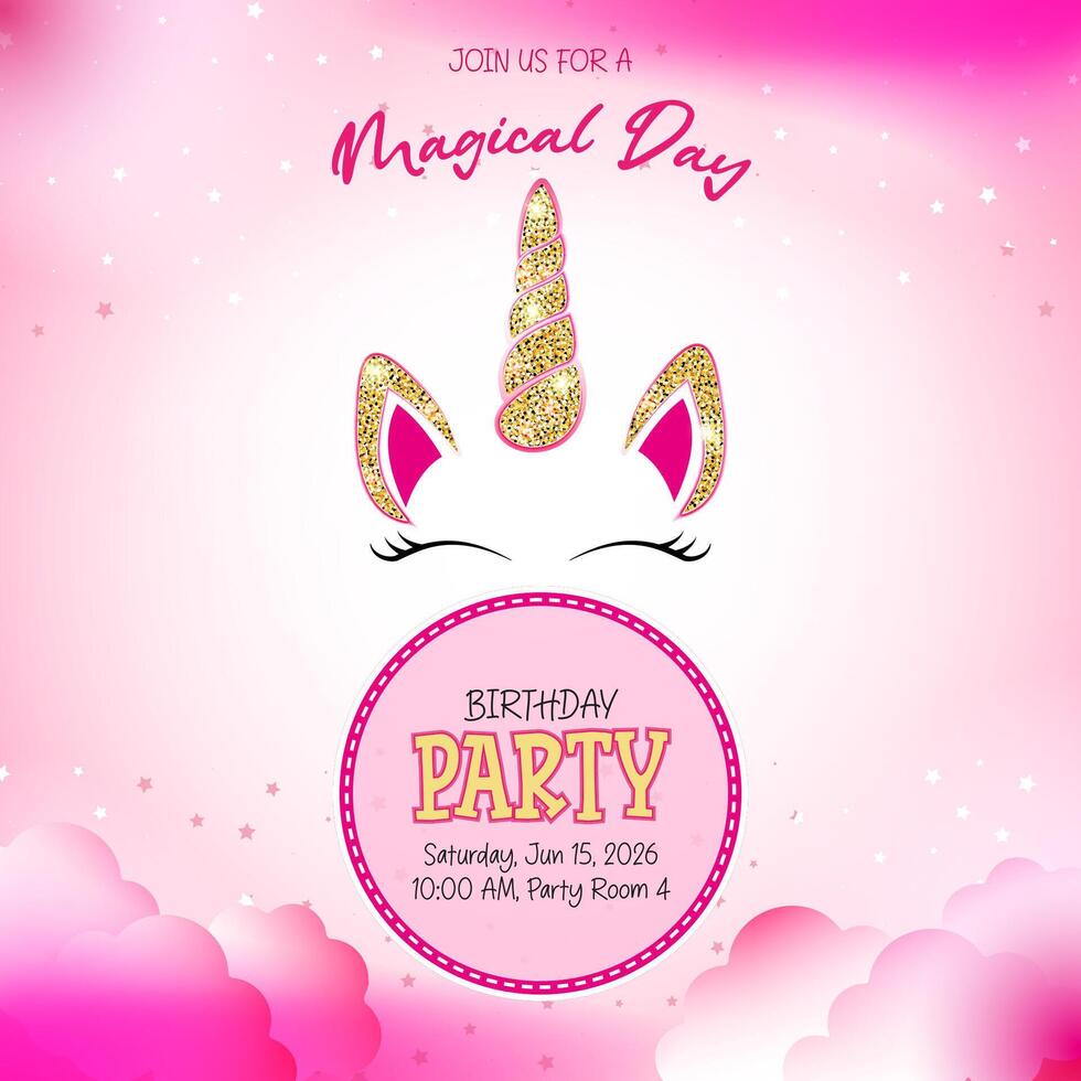 Pink invitation featuring a whimsical unicorn theme vector