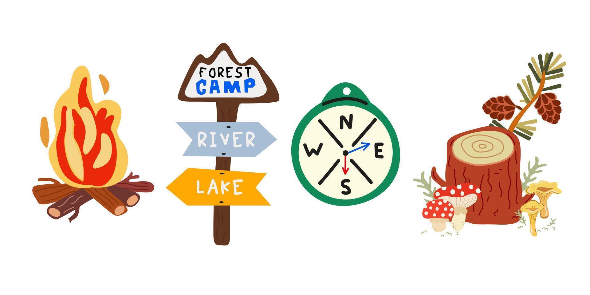 Camping equipment stickers collection in retro cartoon style for nature outdoor adventure vector