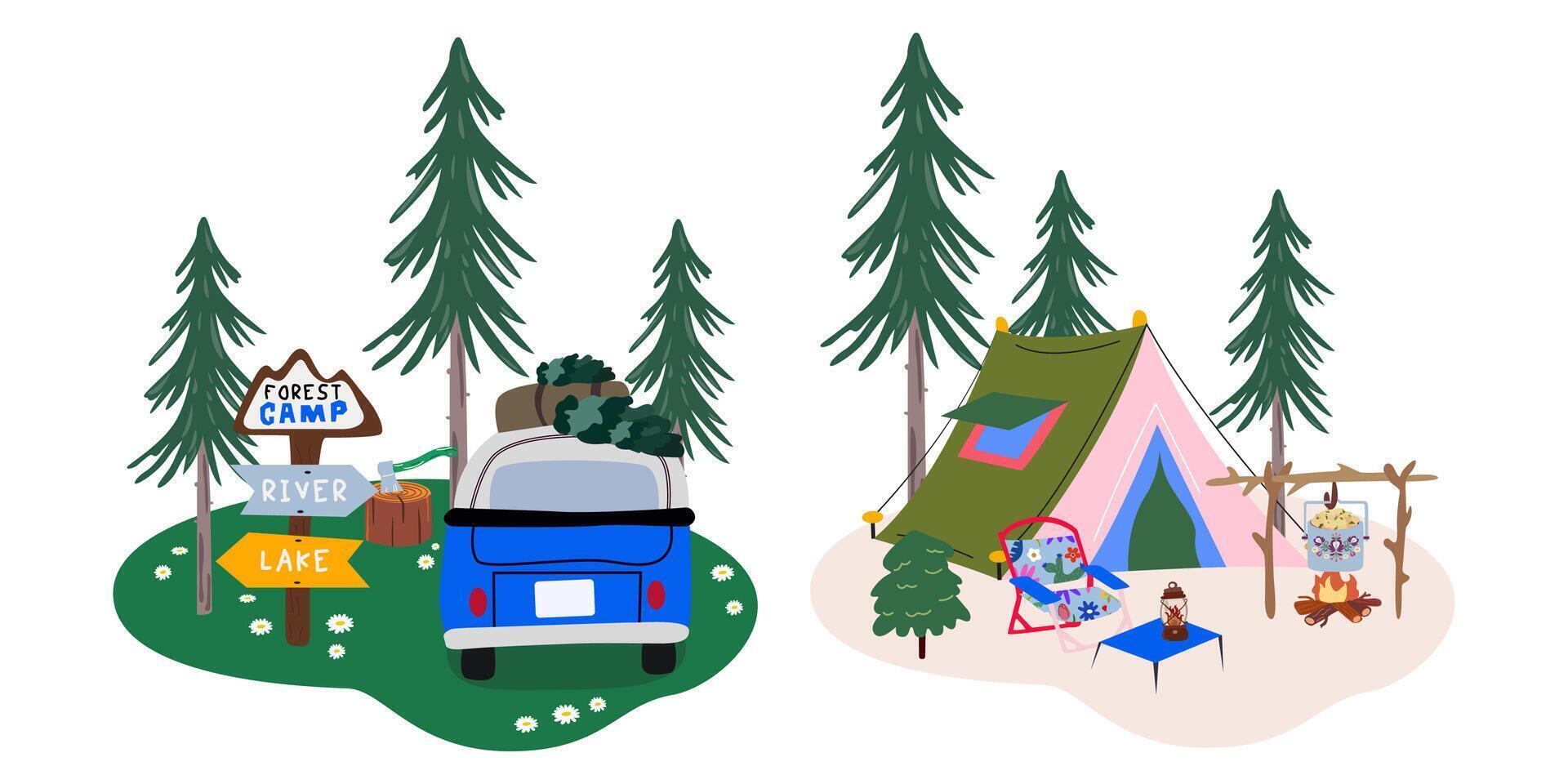 Camping and nature retreat compositions in retro cartoon style. Tent, travel car, forest vector
