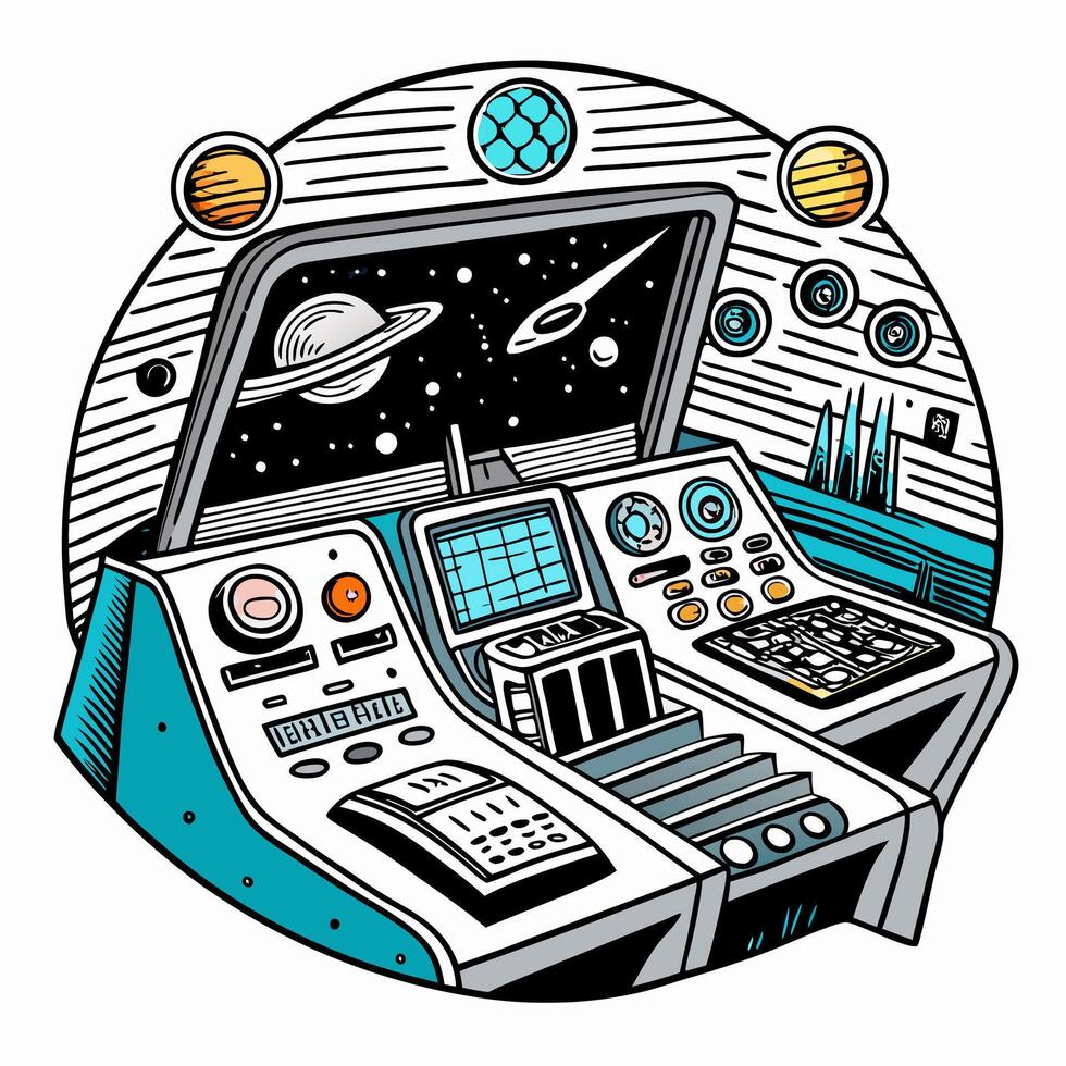 Futuristic Spacecraft Cockpit with Cosmic View of Planets and Stars vector