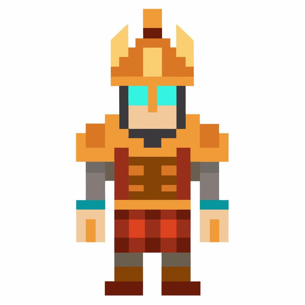 Pixel Art Medieval Knight Character with Golden Armor and Helmet vector