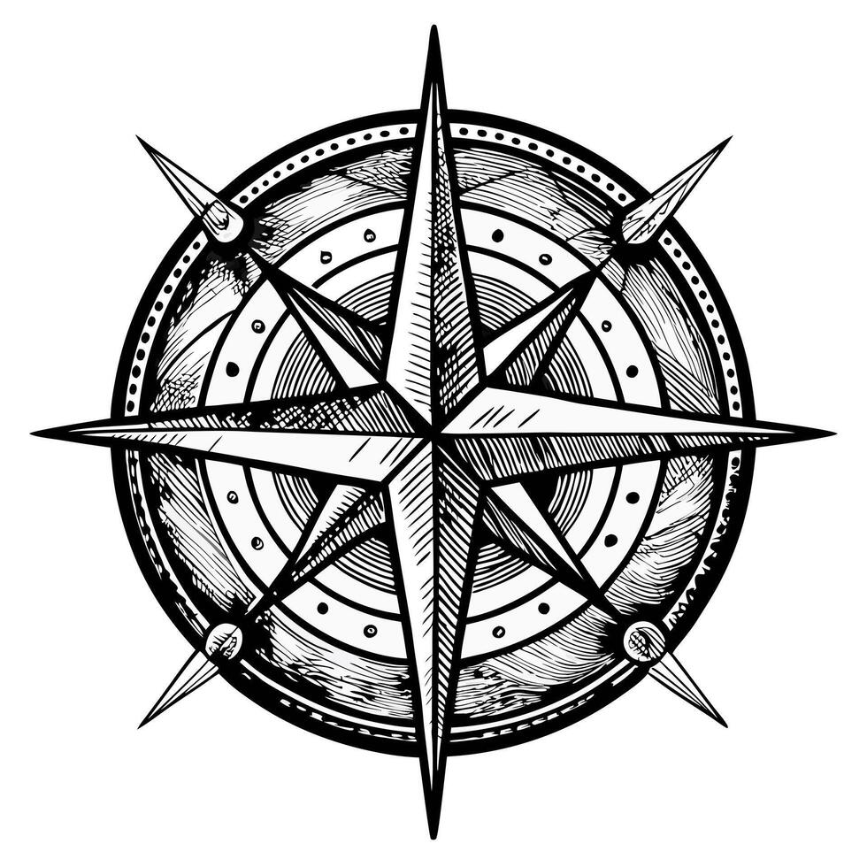 Vintage Compass Rose Drawing, Nautical Navigation Symbol, Black and White Sketch, Maritime Art vector