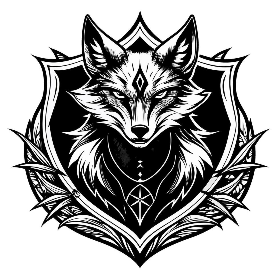 A black and white drawing of a fox with a crown on its head vector