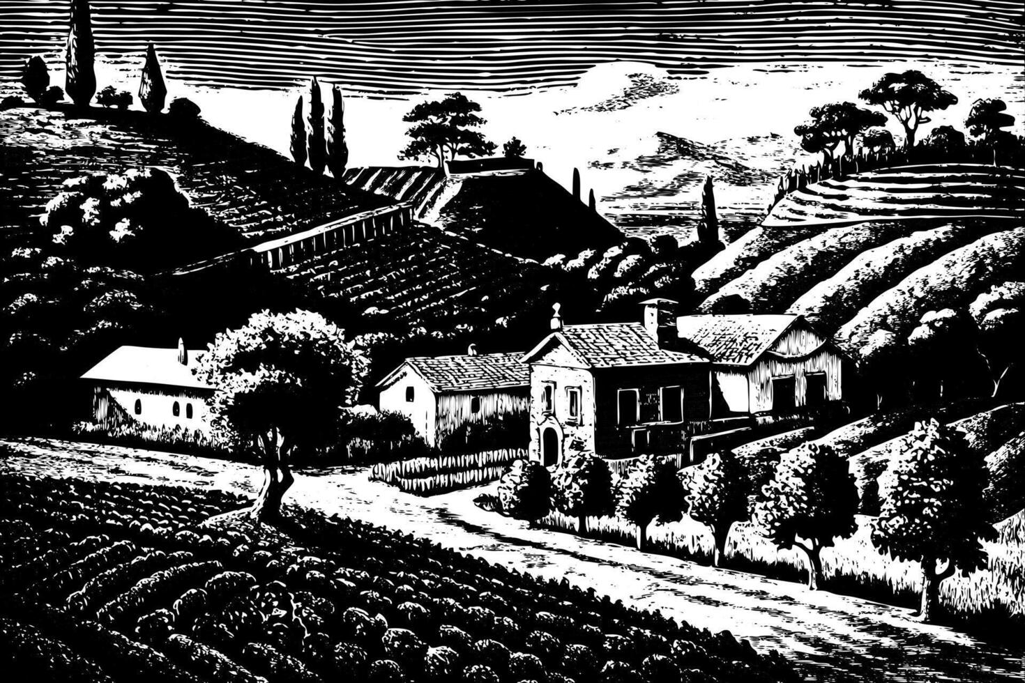 Vintage Countryside Landscape with Rolling Hills and Rustic Farmhouses vector