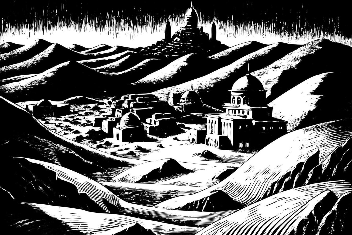 Black and White Desert Landscape with Ancient Architecture and Rolling Hills vector