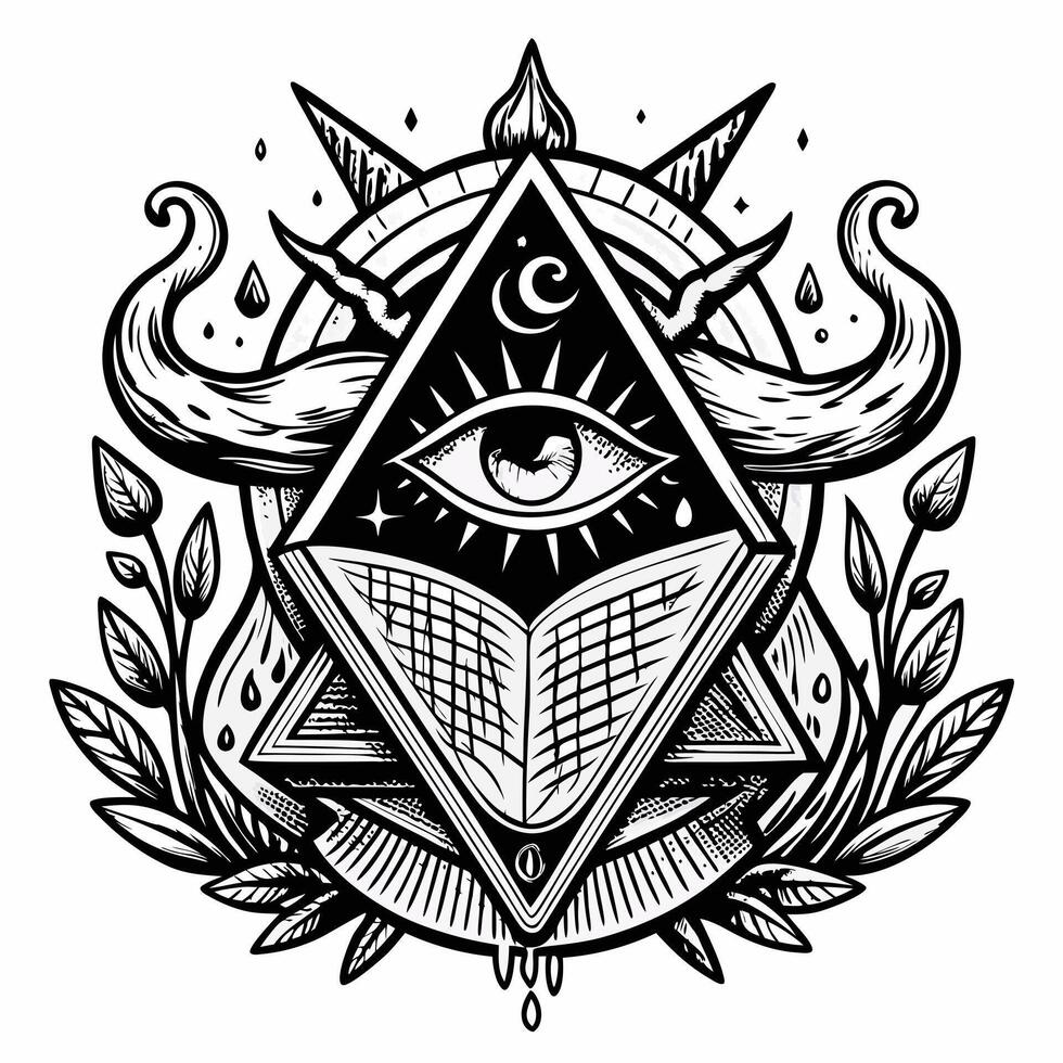 Mystical Eye and Pyramid Symbol with Horns and Leaves Illustration vector