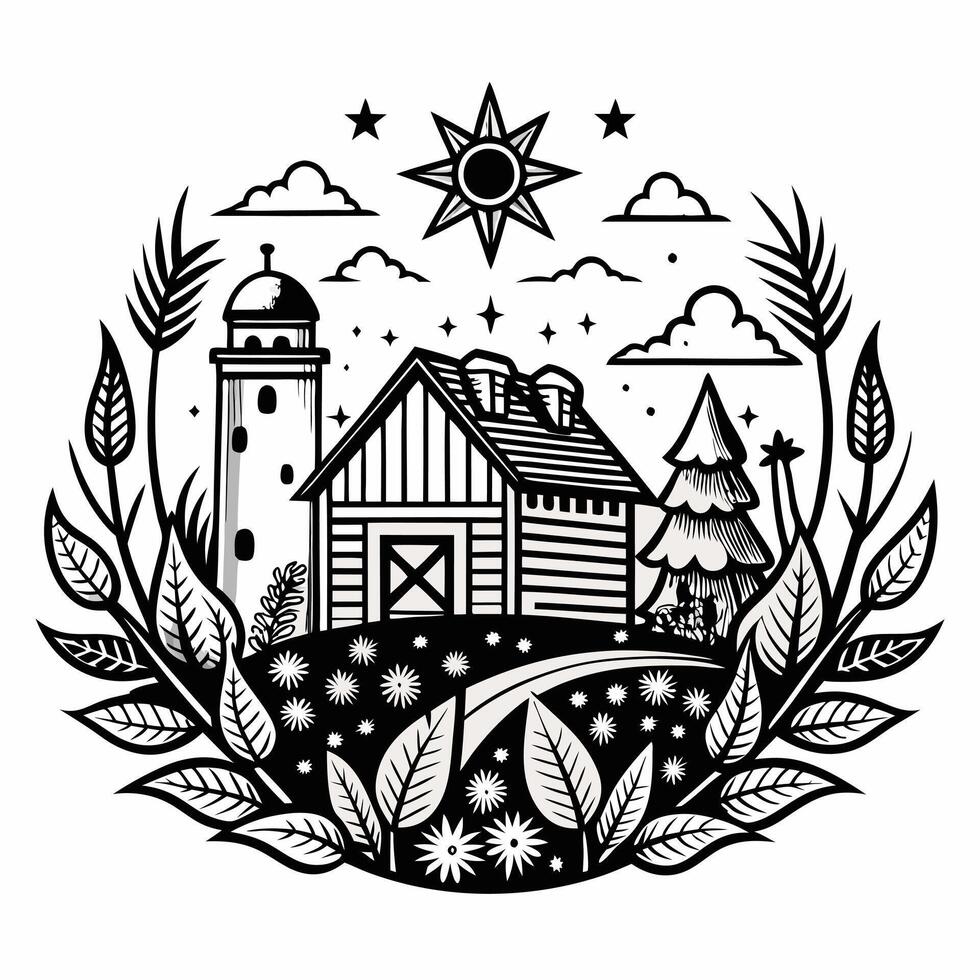 Monochrome Countryside Scene with Barn, Lighthouse, and Nature Elements vector
