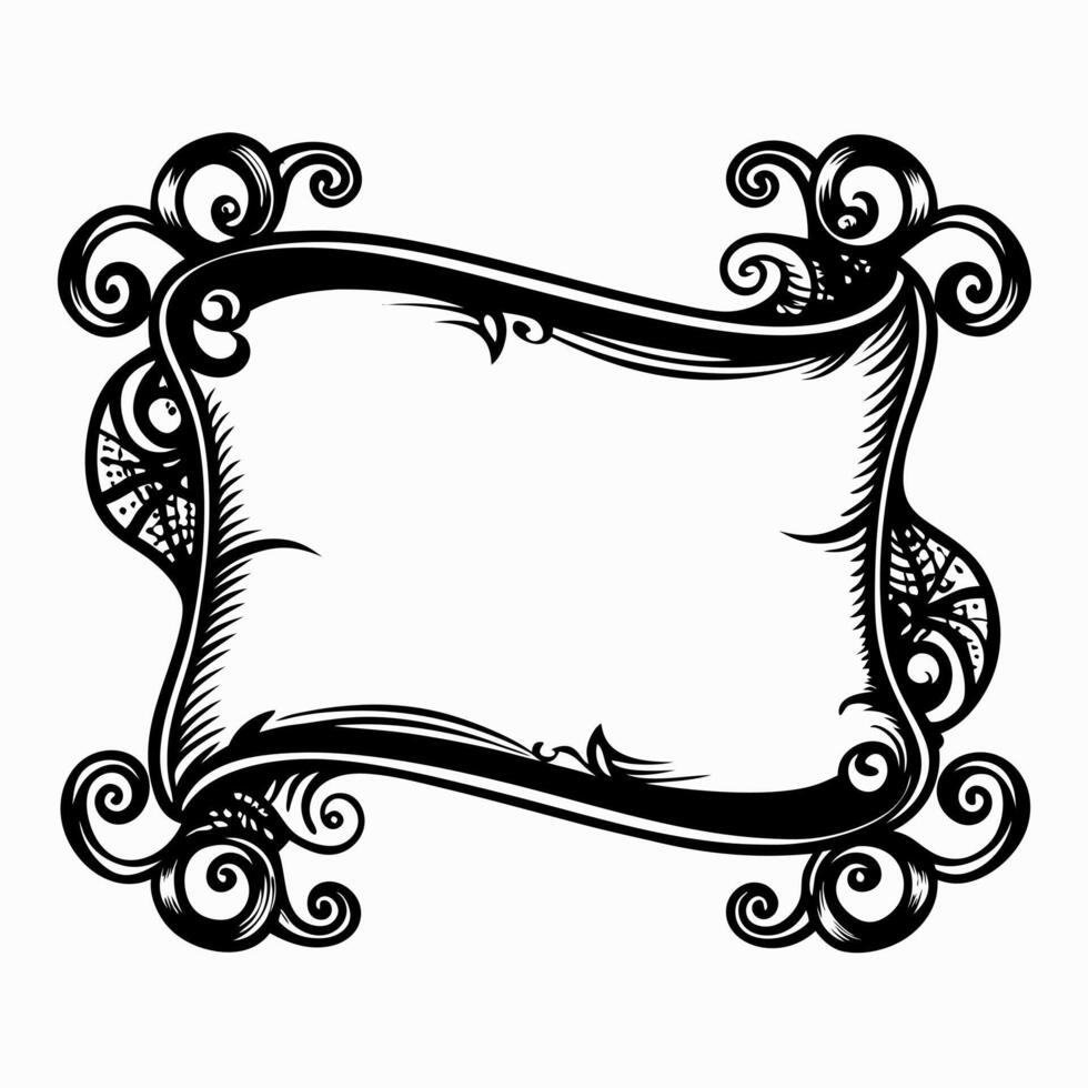 Elegant vintage frame with ornate swirls and intricate floral details in black and white design vector