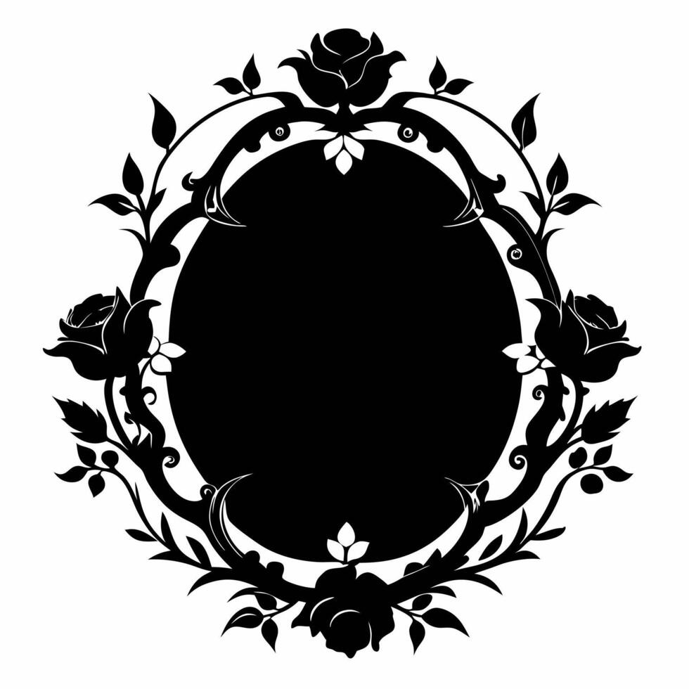 Elegant Floral Oval Frame with Roses Ornate Black Silhouette Design vector
