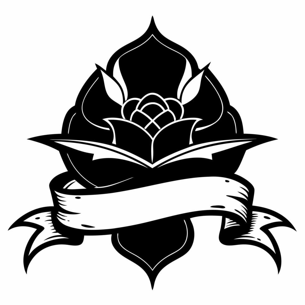 Vintage Floral Emblem with Banner Design in Black and White vector