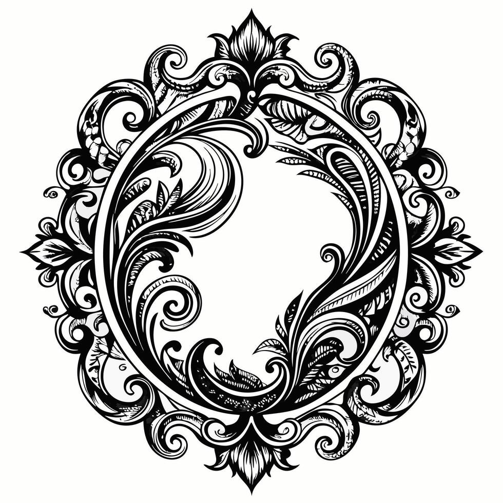Elegant floral frame with intricate ornamental design in black and white vector
