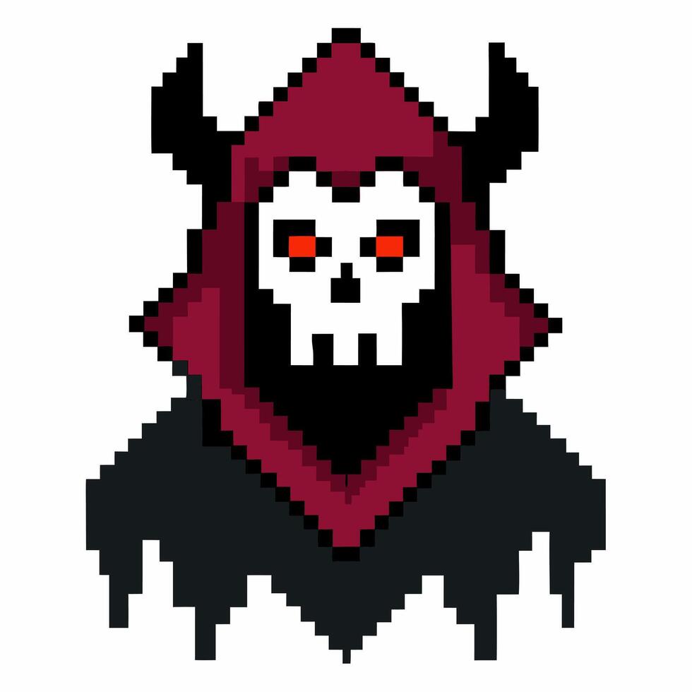 Pixel Art Hooded Skull with Horns 8 Bit Retro Gaming Character Icon vector