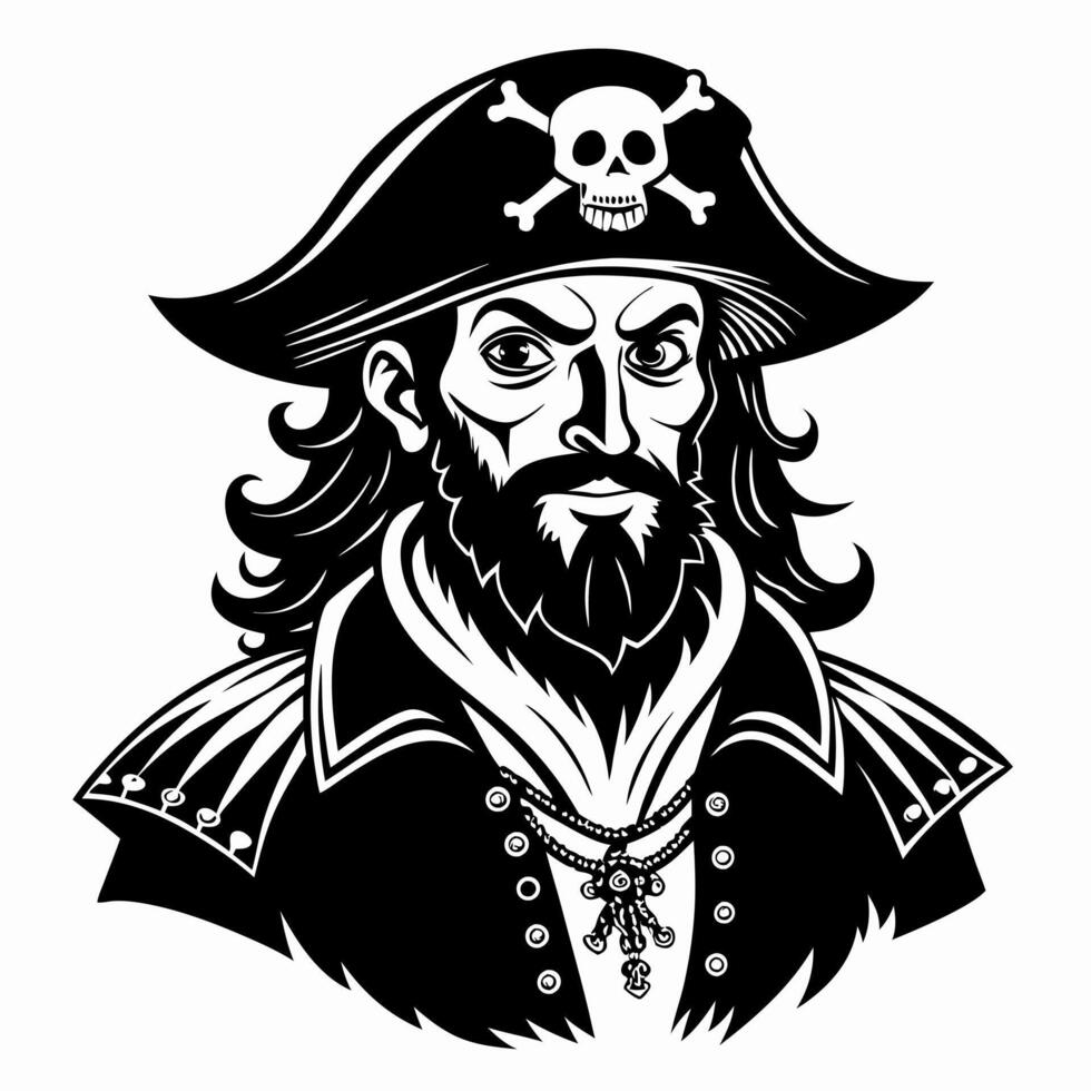 Pirate Portrait Illustration with Skull Hat and Beard vector