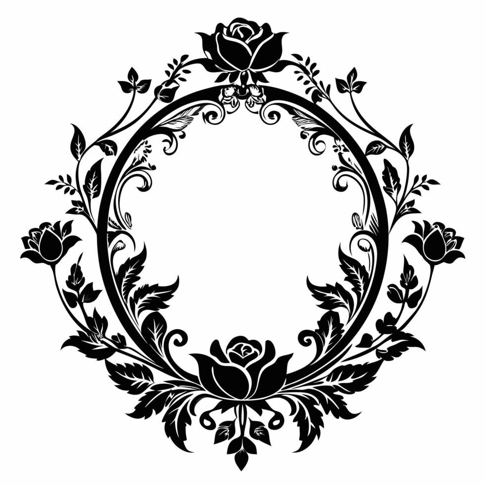 A black and white floral frame with roses and leaves vector