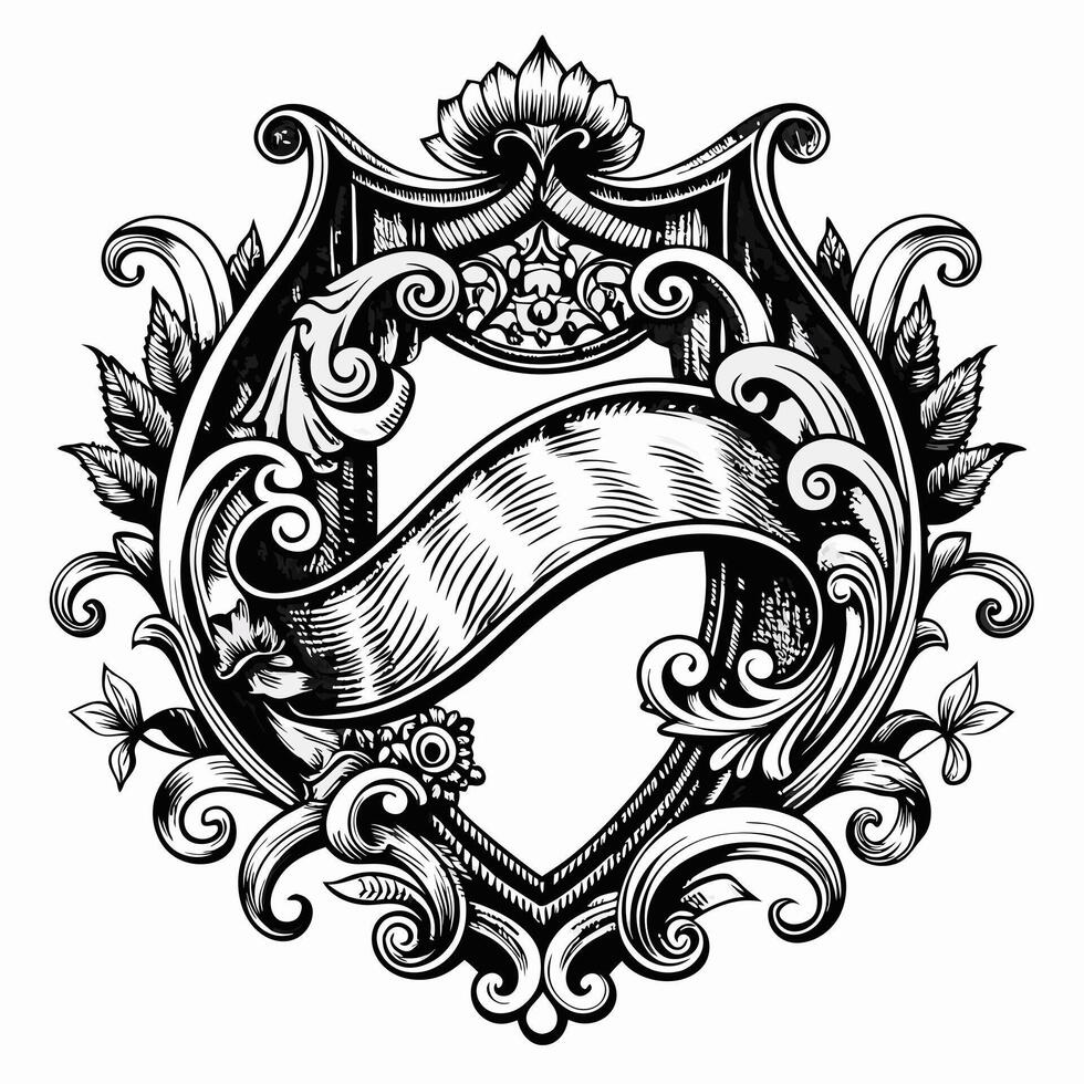 A black and white drawing of a shield with a ribbon on it vector