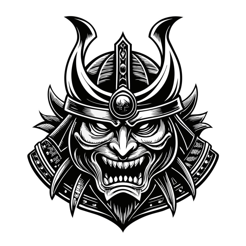 Vintage Samurai Warrior Mask Illustration Intricate Monochrome Design with Fierce Expression vector
