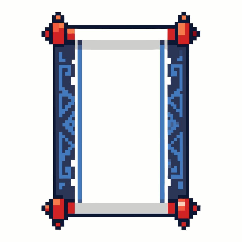 Ornate Pixel Art Scroll Frame with Geometric Design in Blue and Red Colors vector
