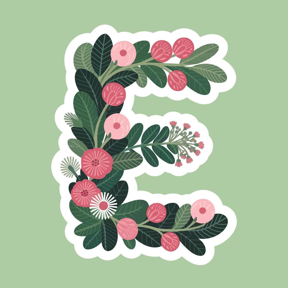 Decorative Floral Letter 'E' Design on Sage Green Background vector
