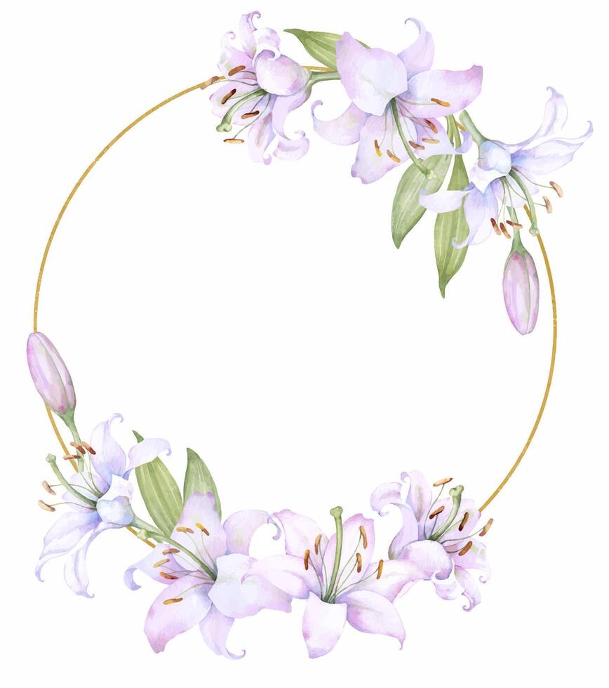 Round gold frame wreath with white and pink lily flowers, watercolor vector