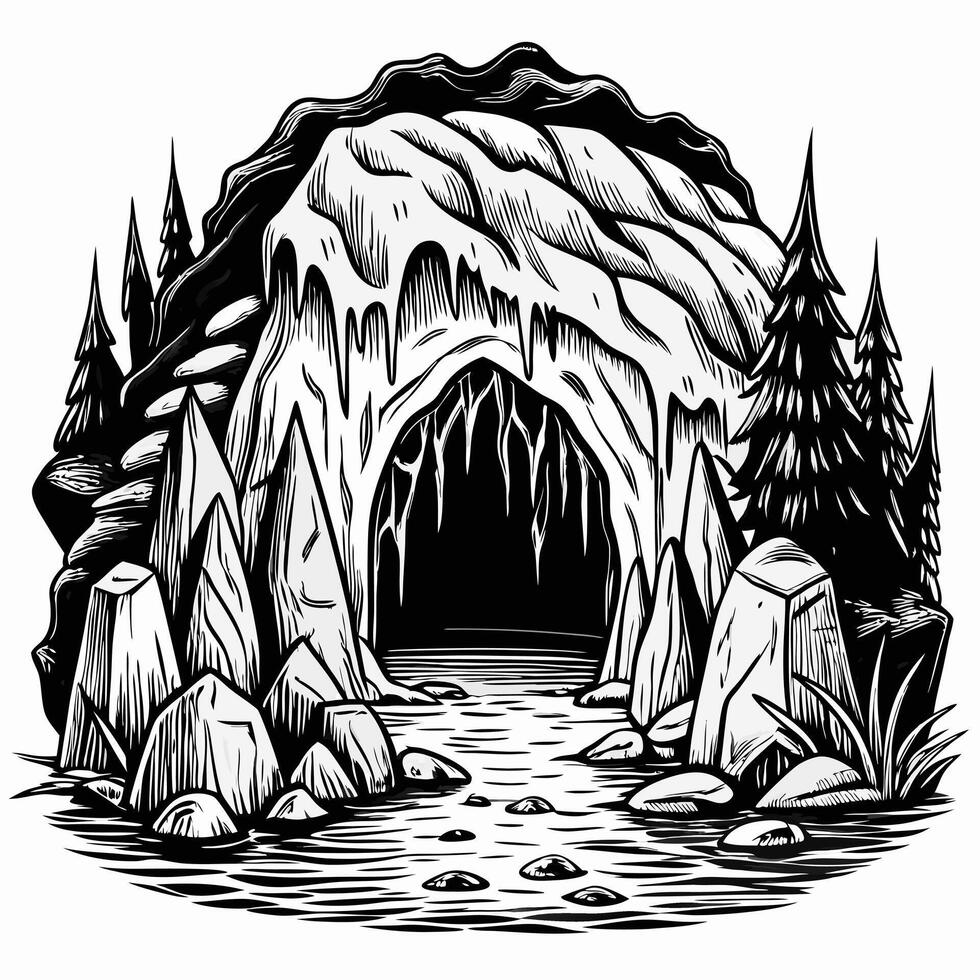 Monochrome Mountain Cave Entrance with Pine Trees and Jagged Rocks vector