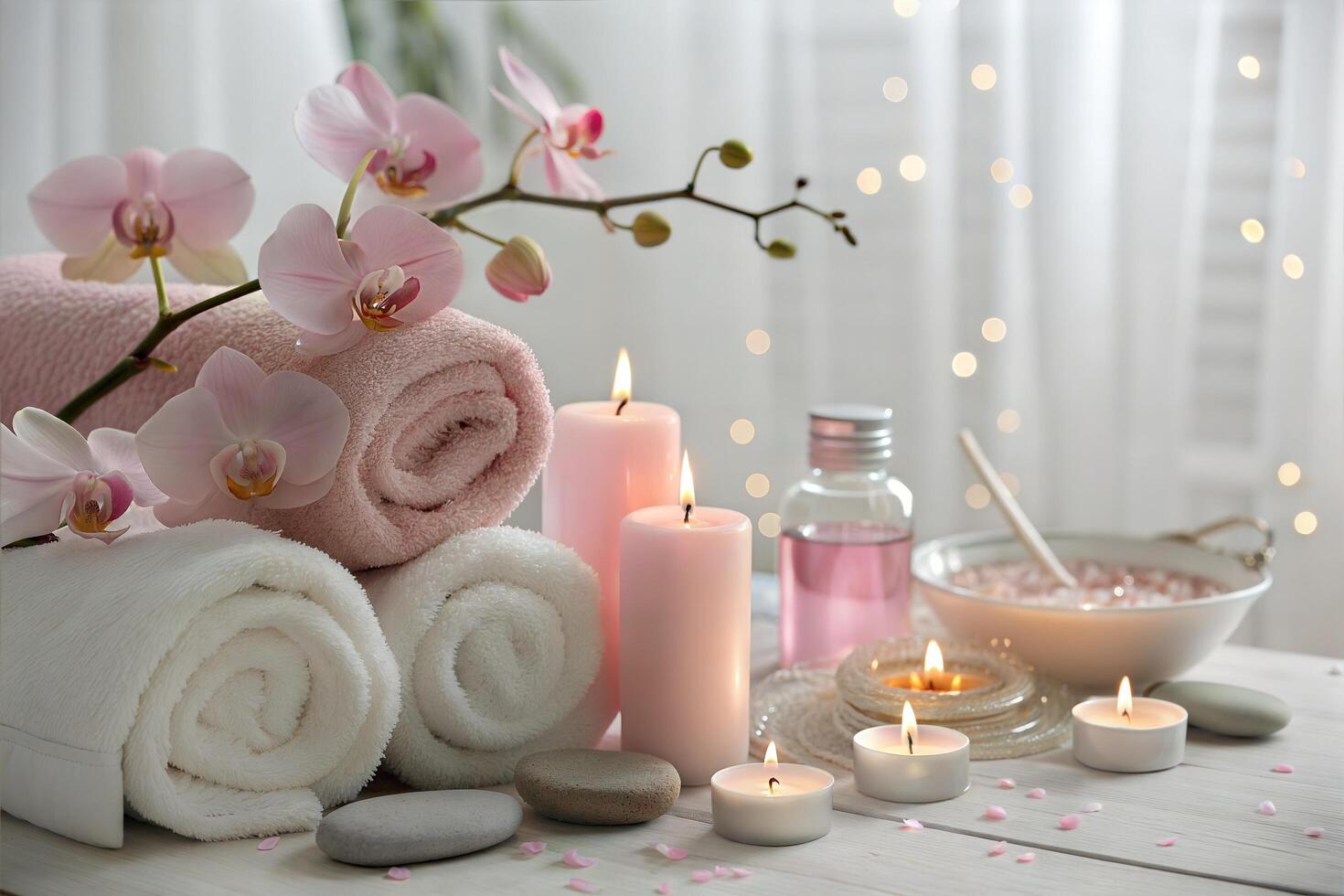 Minimalistic Spa Arrangement with Candles Towels Stones and Orchid Blooms photo