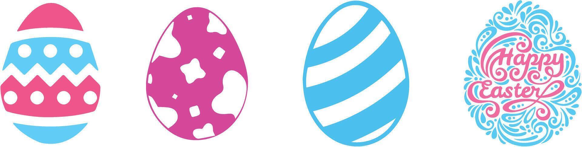 Set of four vibrant Easter eggs with Happy Easte text. Ideal for holiday cards, decorations, and spring themed designs. vector