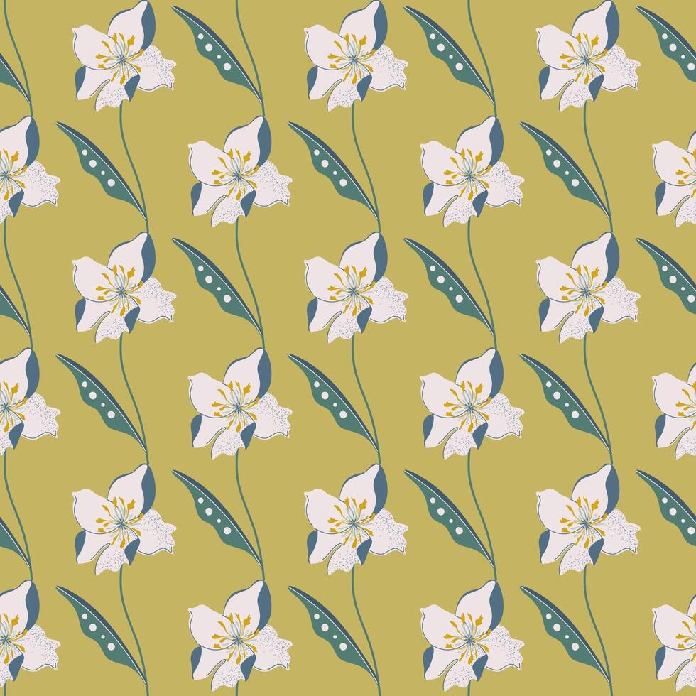 Beautiful floral seamless pattern. Plant ornament with flower on bright yellow background. Cute print for fabric, wallpaper, wrapping paper. Elegant hand drawn illustration. vector