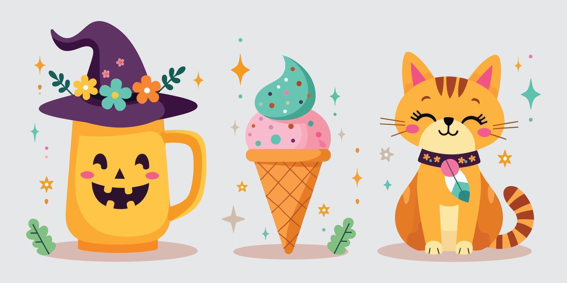 Halloween Harmony A Pumpkin Mug, Ice Cream and Feline Friend vector