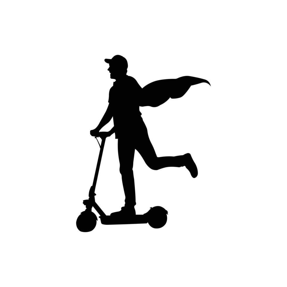 Delivery man riding scooter with cape silhouette vector