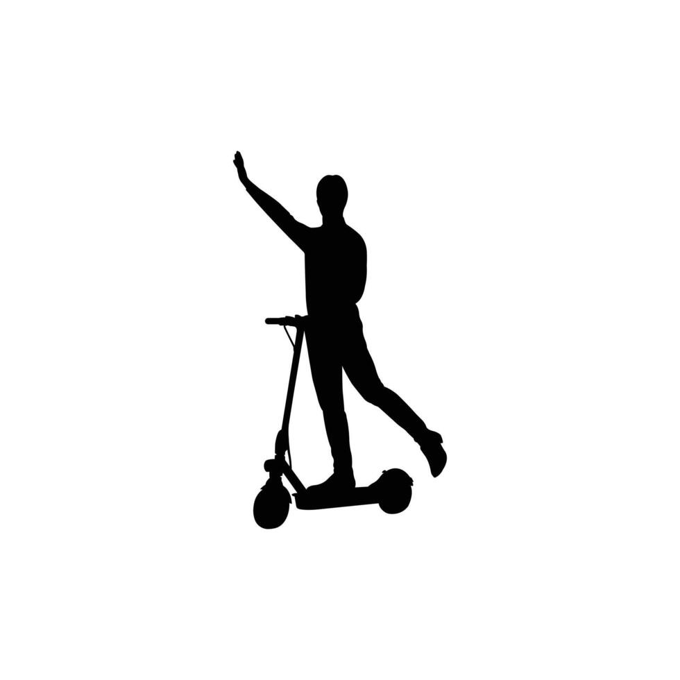 Boy waving while riding scooter silhouette vector