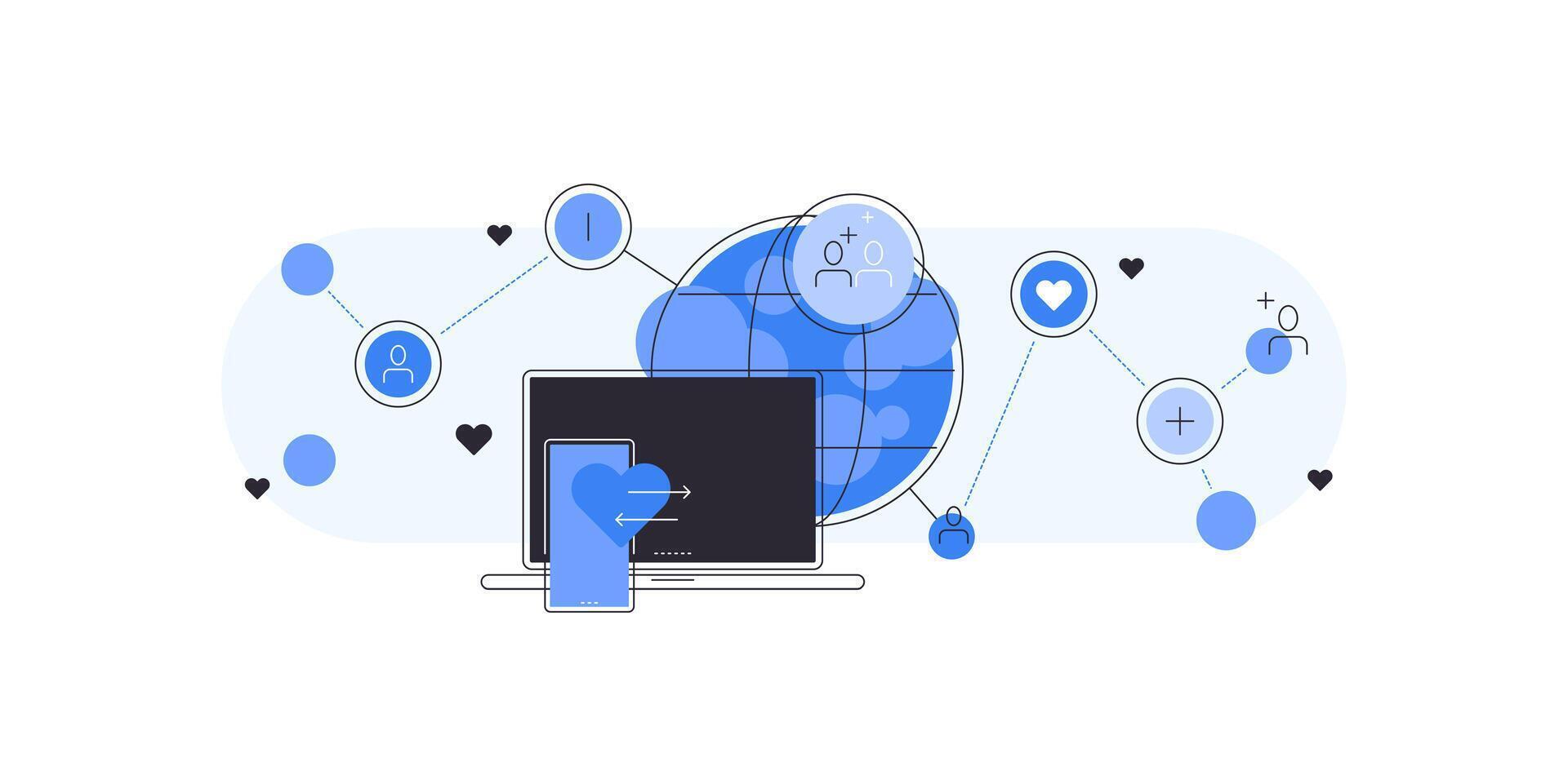 Laptop, smartphone and globe. Social connections and communication vector