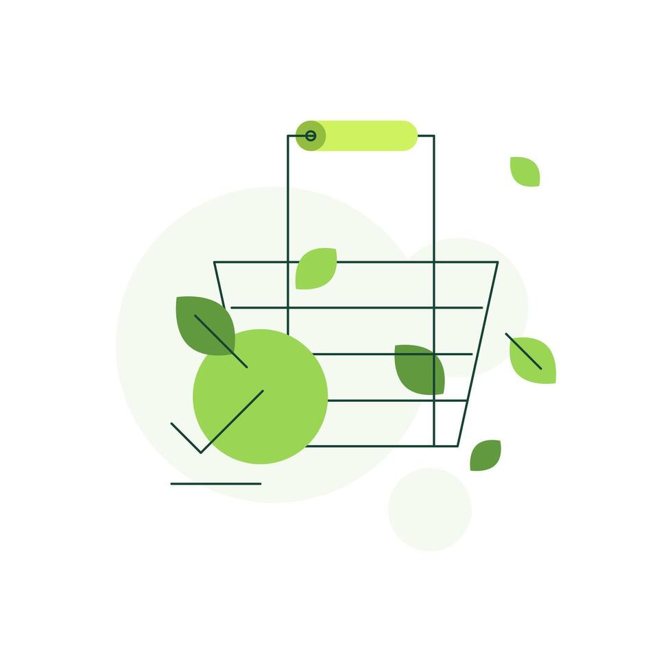 Eco friendly shopping. Store basket with green leaves and green fruit. Go green vector