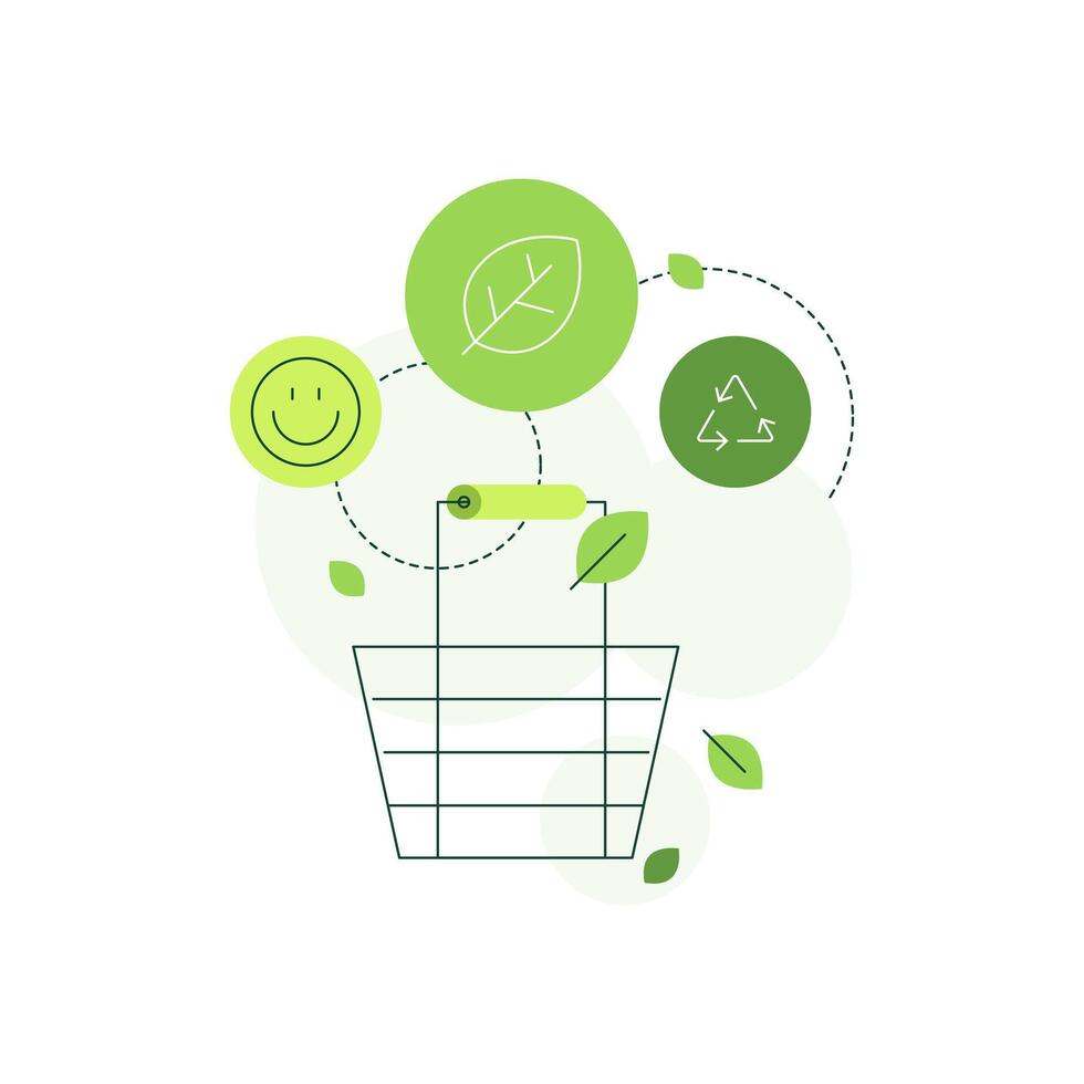 Shopping basket with green eco signs. Eco-friendly shopping vector