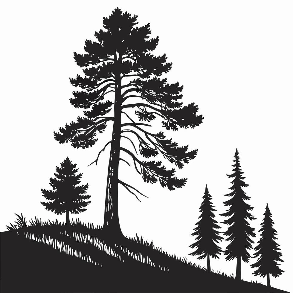 Detailed Forest Tree Silhouette on Hill Scenic Nature Landscape Illustration vector
