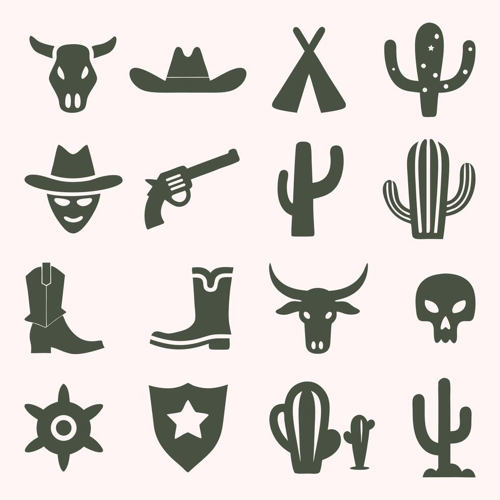 Wild West Icon Set Cowboy, Cactus, Skull, Boots, and Western Symbols Collection vector