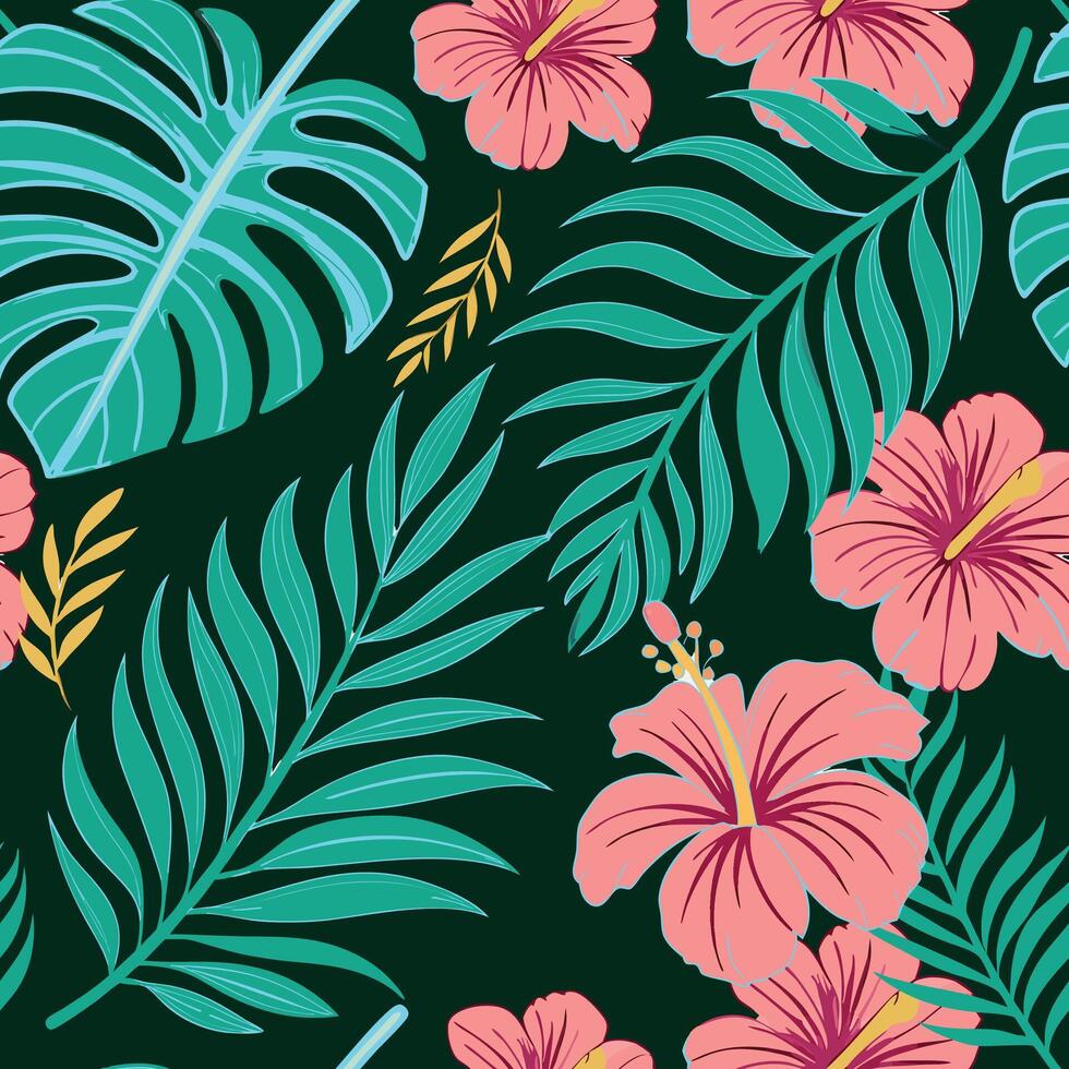 Seamless Tropical Floral Pattern with Hibiscus Flowers and Palm Leaves vector