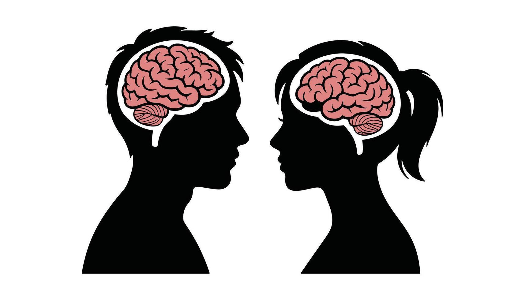 Man and Woman Silhouettes with Brain Illustration, Profile Design vector