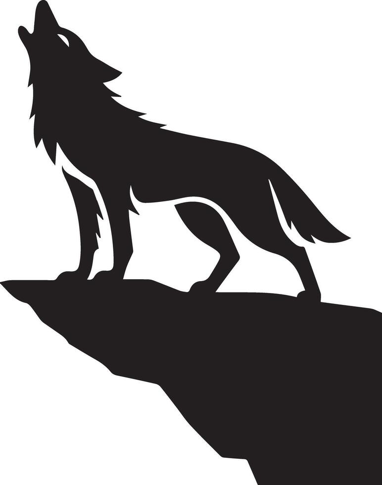 Lone Wolf on Mountain Rock Howling Black Silhouette Graphic vector