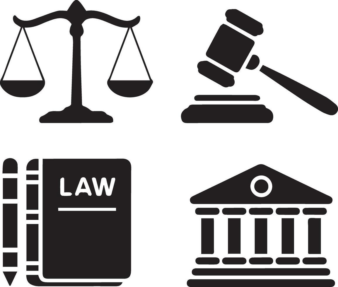 Silhouette style icon set of legal and law concepts, vector