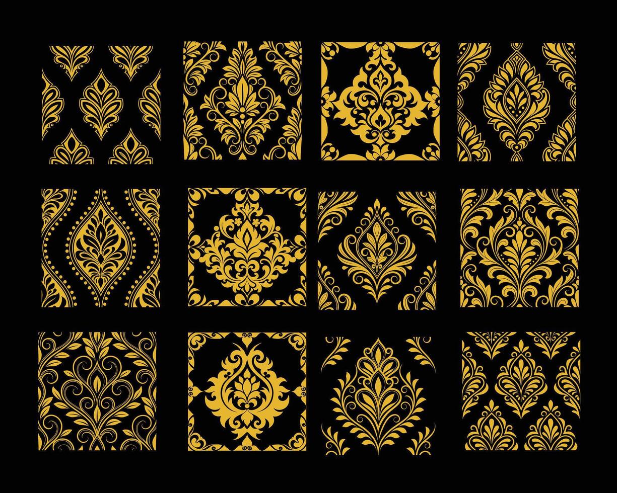 Golden damask pattern set vector