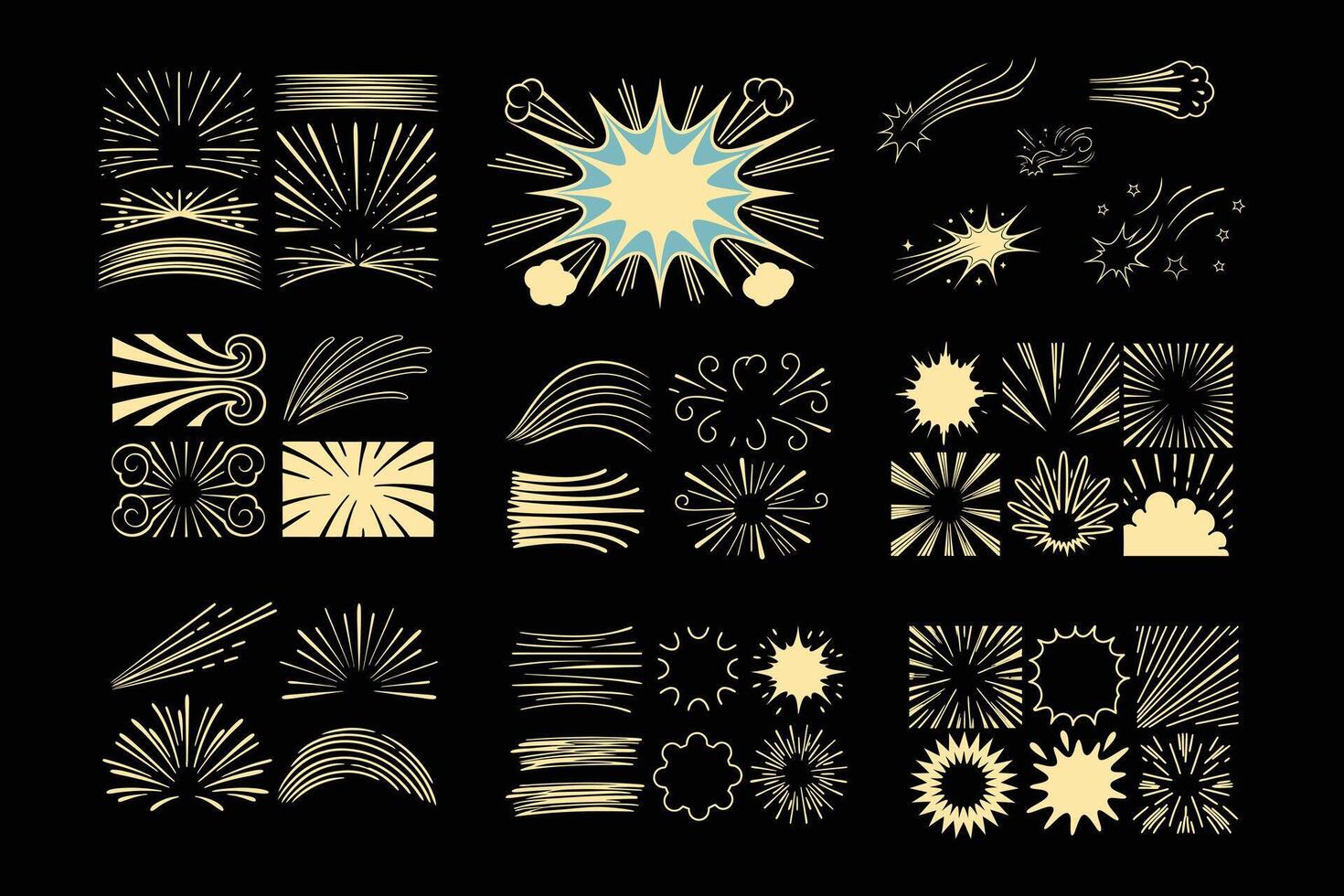 Anime Motion Line Elements Set Dynamic Speed, Impact, and Swirl Effects. vector