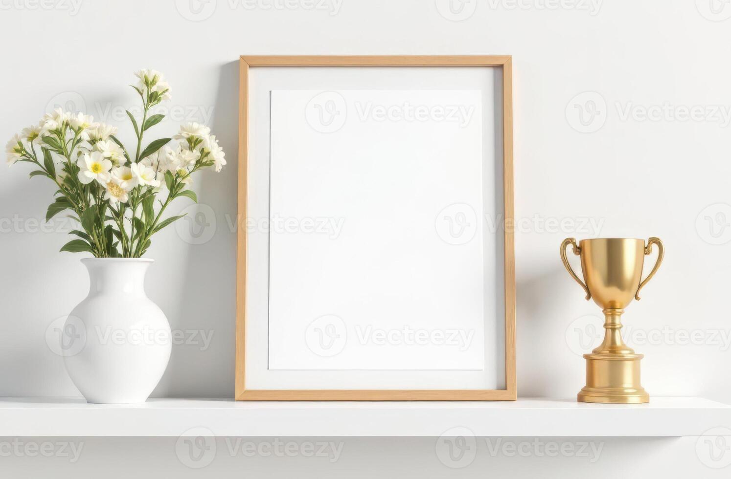 Minimalist shelf display with gold trophy, wooden frame, and white vase with flowers photo
