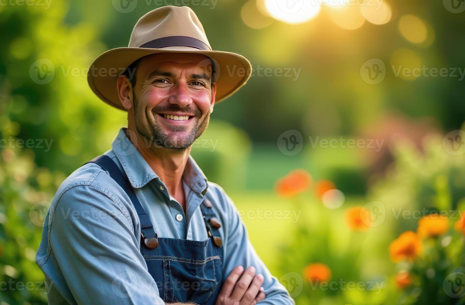 Smiling farmer in hat and overalls enjoying a sunny garden. international workers day photo
